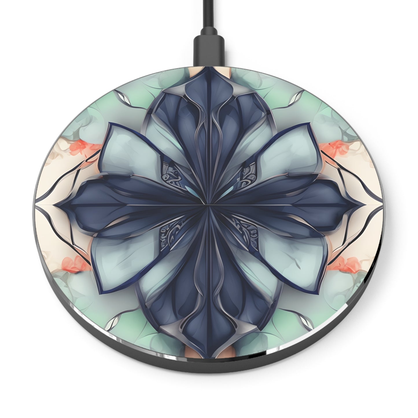 Midnight Mosaic abstract blue floral mandala Qi wireless charger with navy and teal geometric petal design