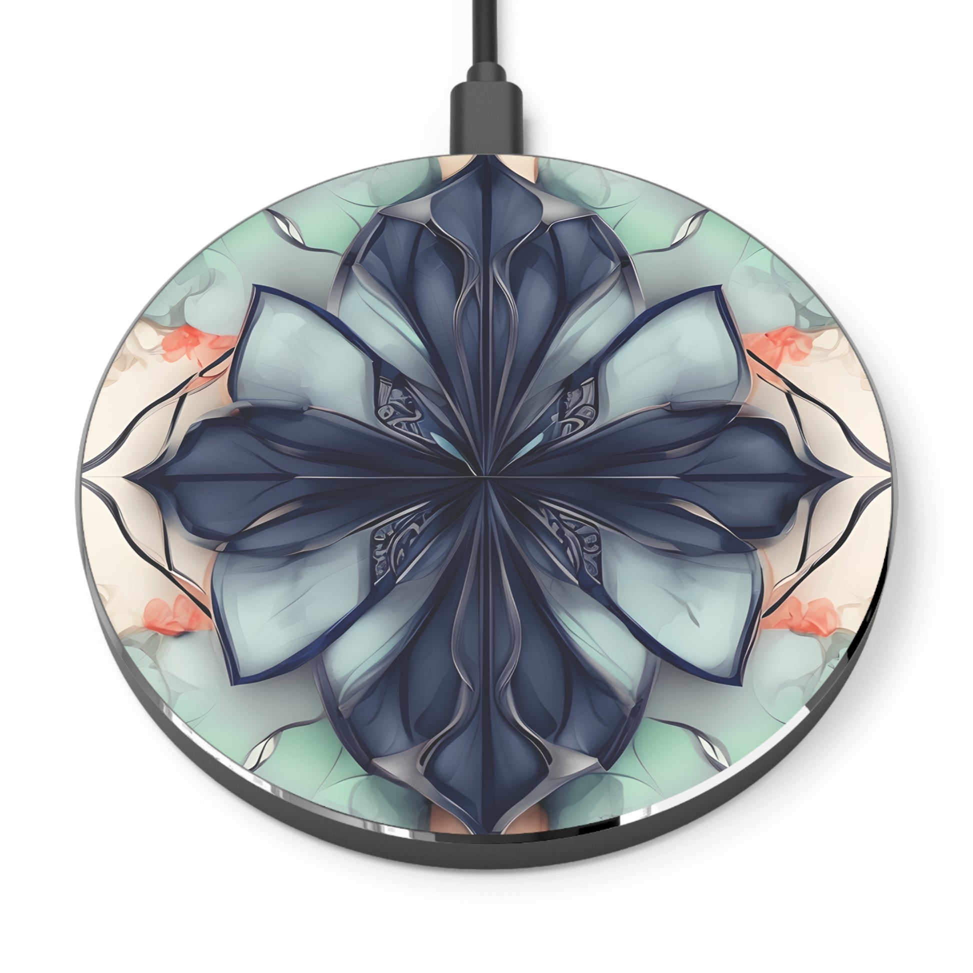Midnight Mosaic abstract blue floral mandala Qi wireless charger with navy and teal geometric petal design