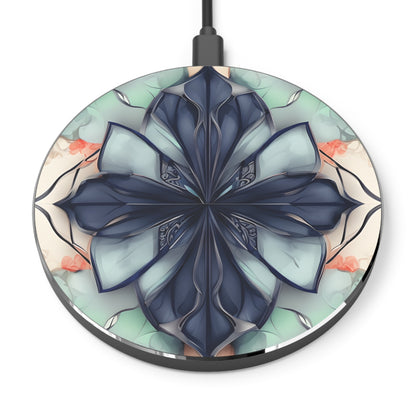 Midnight Mosaic abstract blue floral mandala Qi wireless charger with navy and teal geometric petal design