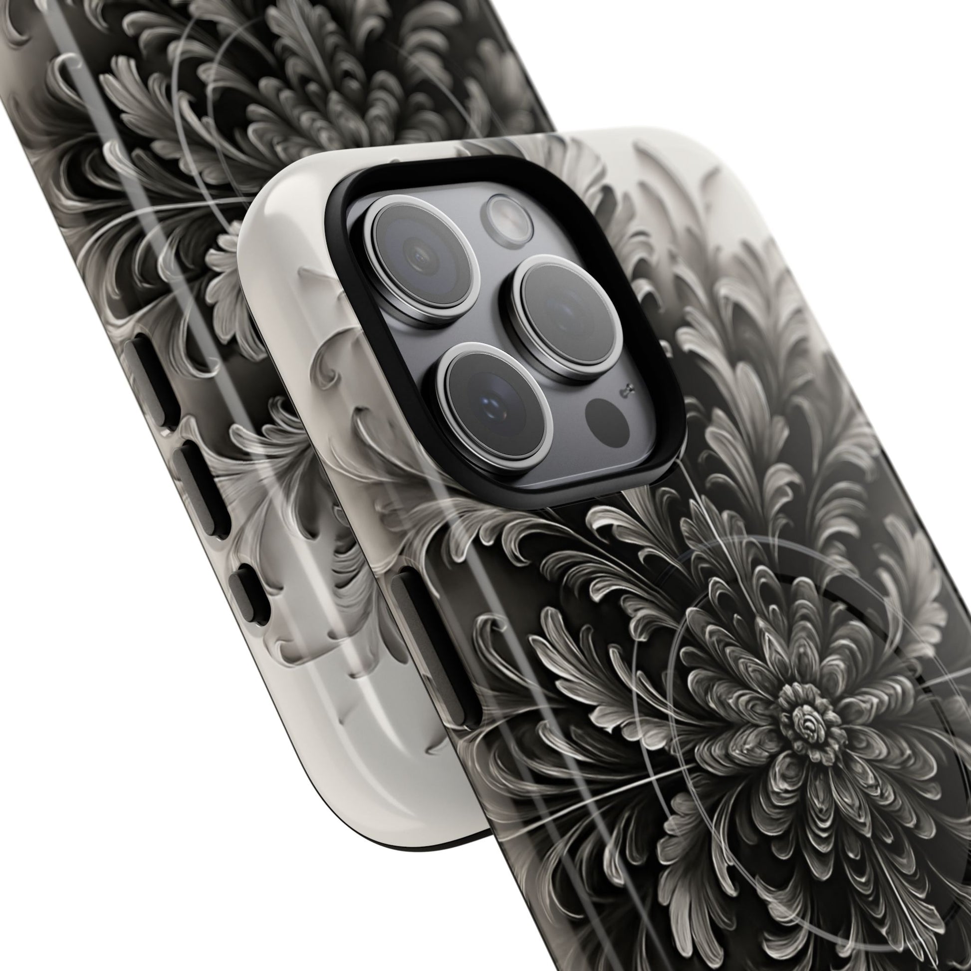 Obsidian Bloom - Elegant Black & White iPhone 15 Pro Max MagSafe Phone Case - Intricate Mandala Flower Design