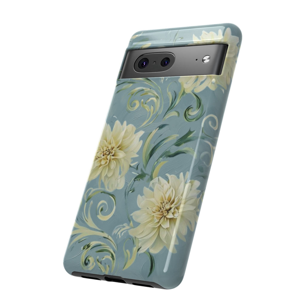 Golden Dahlia Trio - Elegant Floral Google Pixel 7 Tough Phone Case - Artistic White & Blue Dahlia Design
