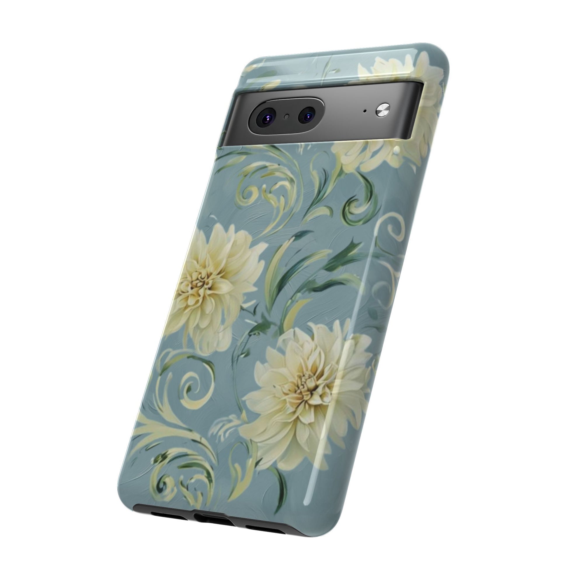 Golden Dahlia Trio - Elegant Floral Google Pixel 7 Tough Phone Case - Artistic White & Blue Dahlia Design