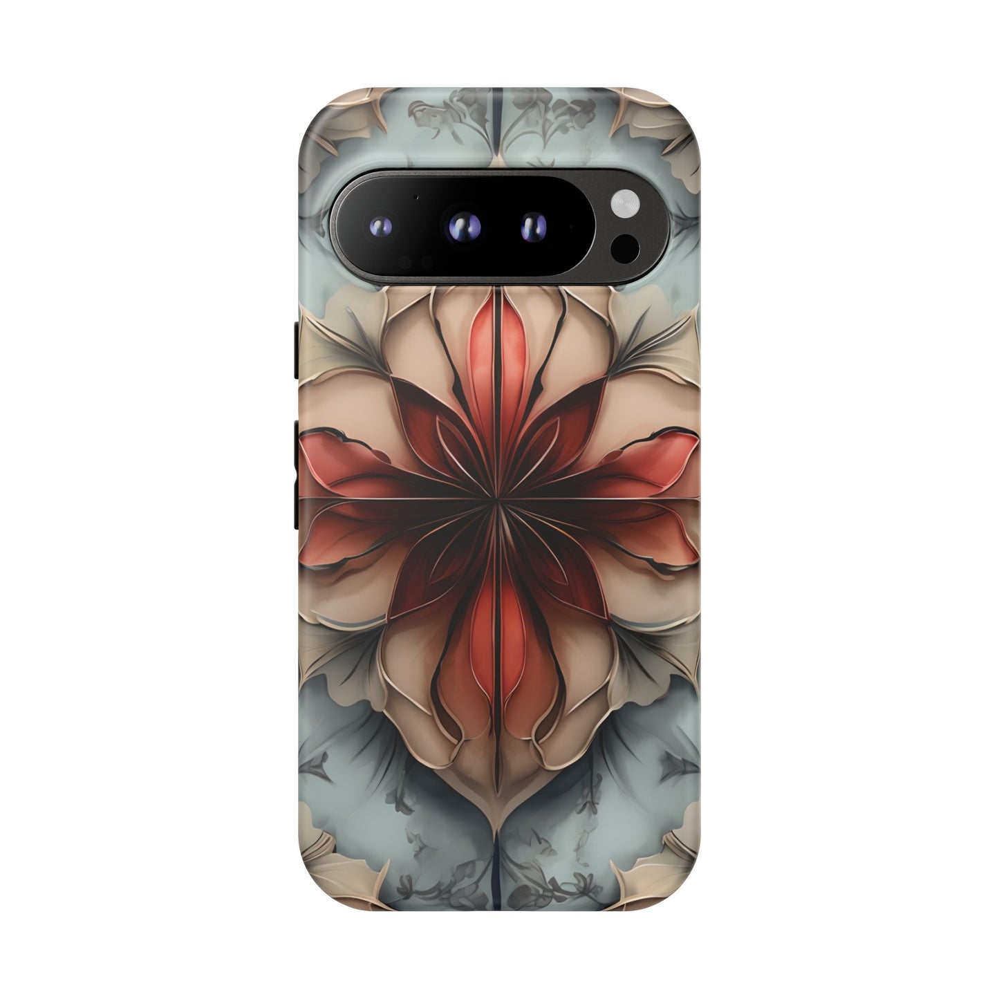 Ember Bloom - Kaleidoscope Collection Artistic Floral - Google Pixel Tough Phone Case - Fiery Symmetrical Design