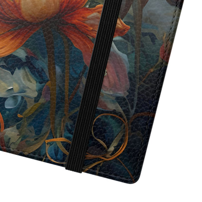 Close-up of Waterlily Nocturne Samsung Galaxy wallet flip phone case with painterly waterlily floral pattern