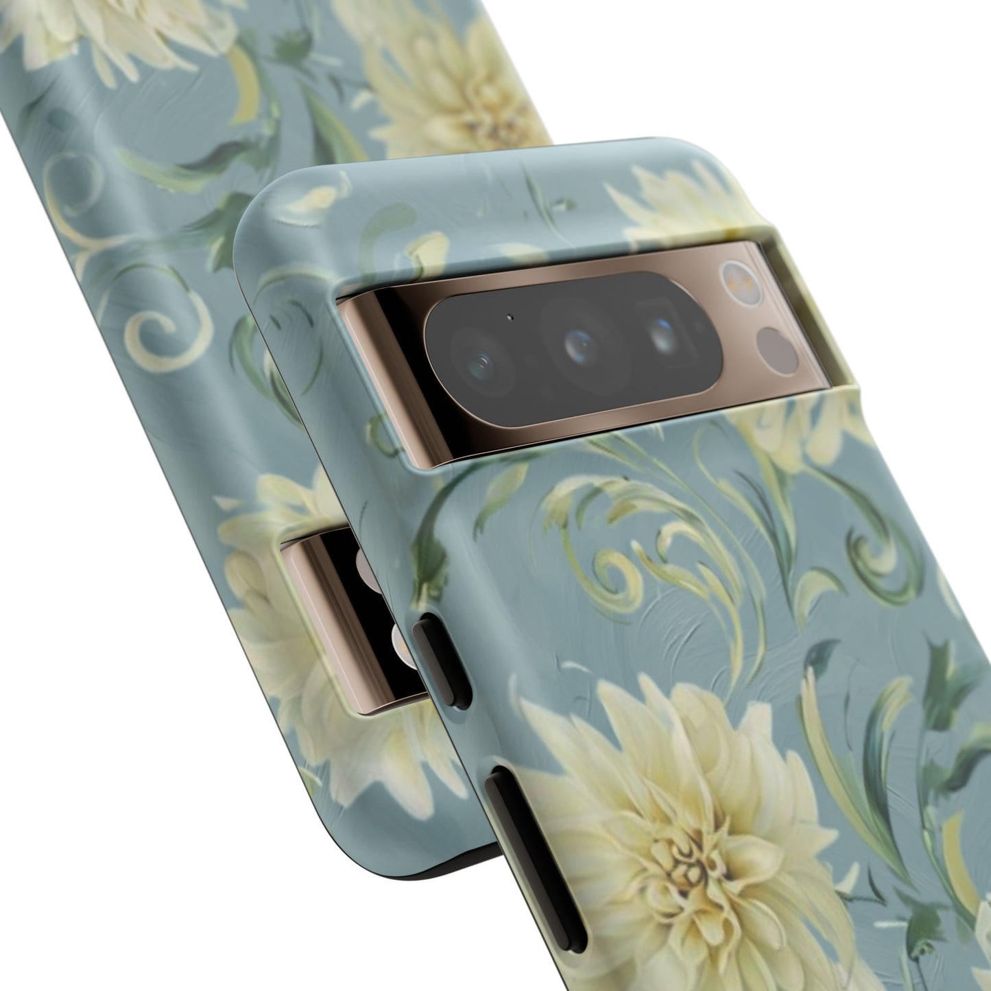 Golden Dahlia Trio - Elegant Floral Google Pixel Tough Phone Case - Artistic White & Blue Dahlia Design