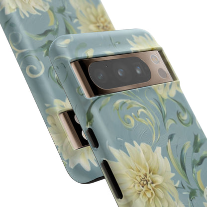 Golden Dahlia Trio - Elegant Floral Google Pixel Tough Phone Case - Artistic White & Blue Dahlia Design