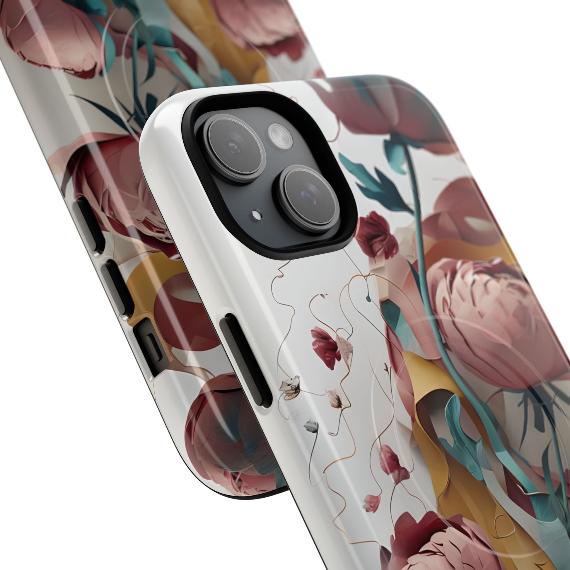 Blushing Peony Veil - Elegant Painterly Floral iPhone 15 Plus MagSafe Phone Case - Soft Blush & Teal Peony Design