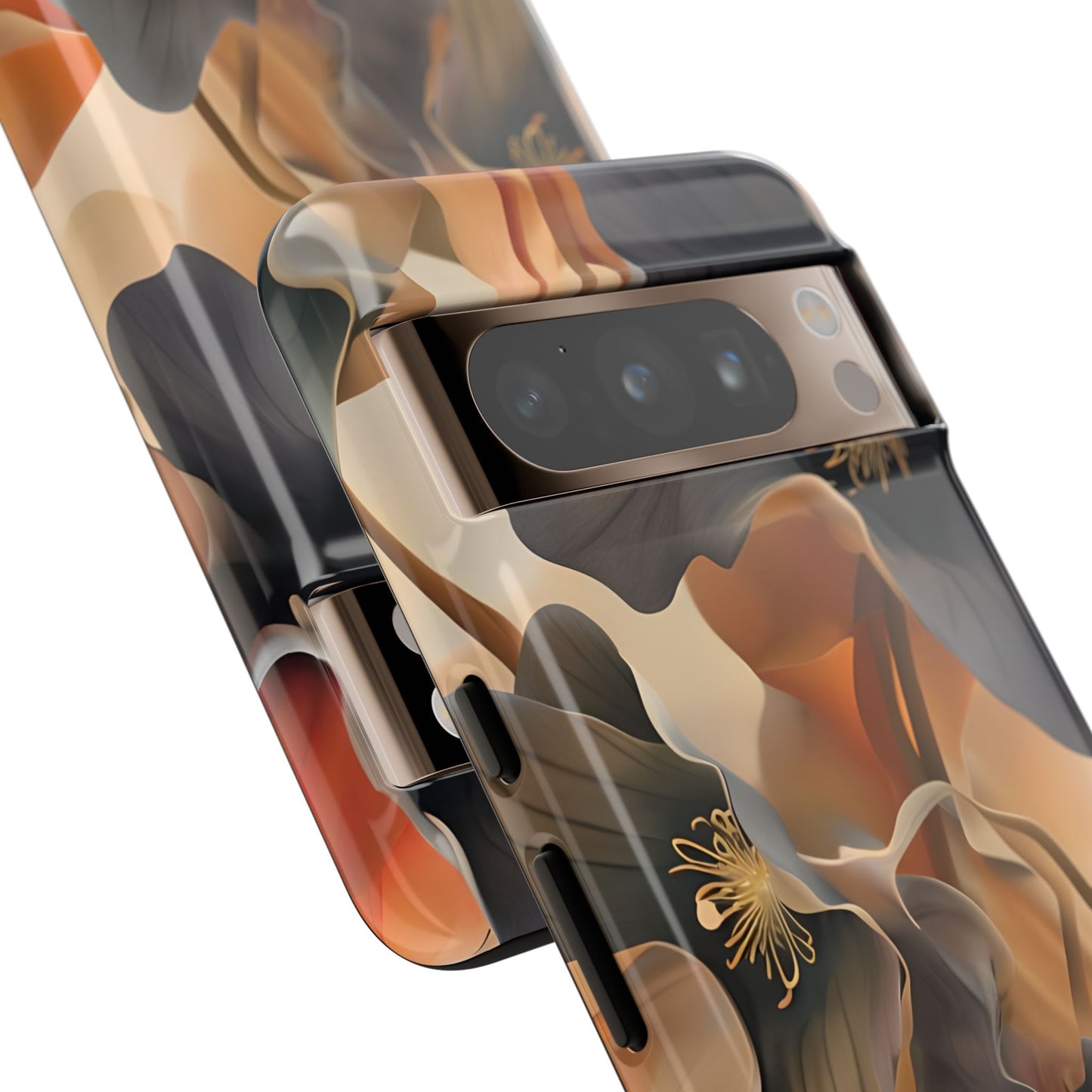 Autumn Ember burnt orange floral artwork Google Pixel phone case angled view