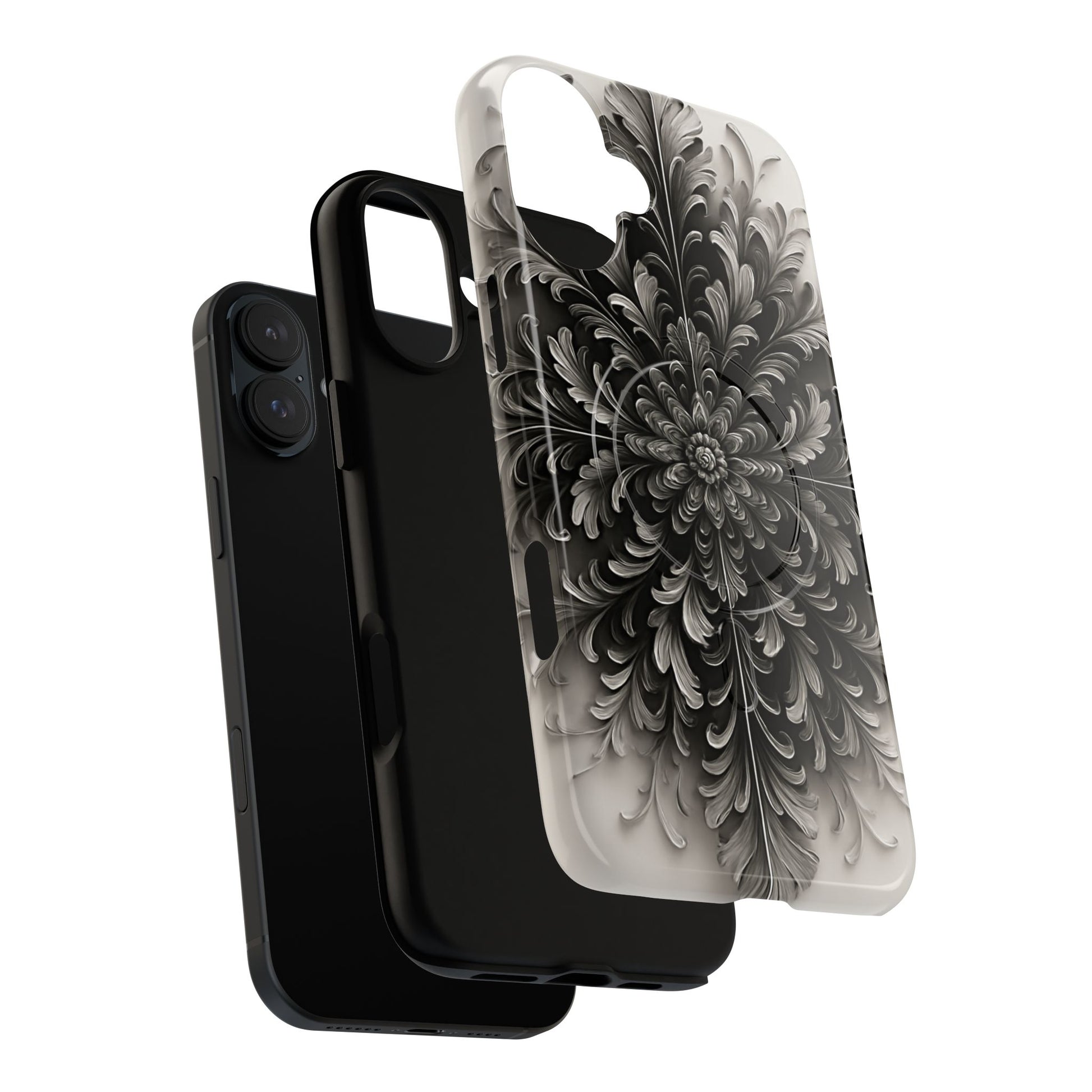 Obsidian Bloom - Elegant Black & White iPhone 16 Plus MagSafe Phone Case - Intricate Mandala Flower Design