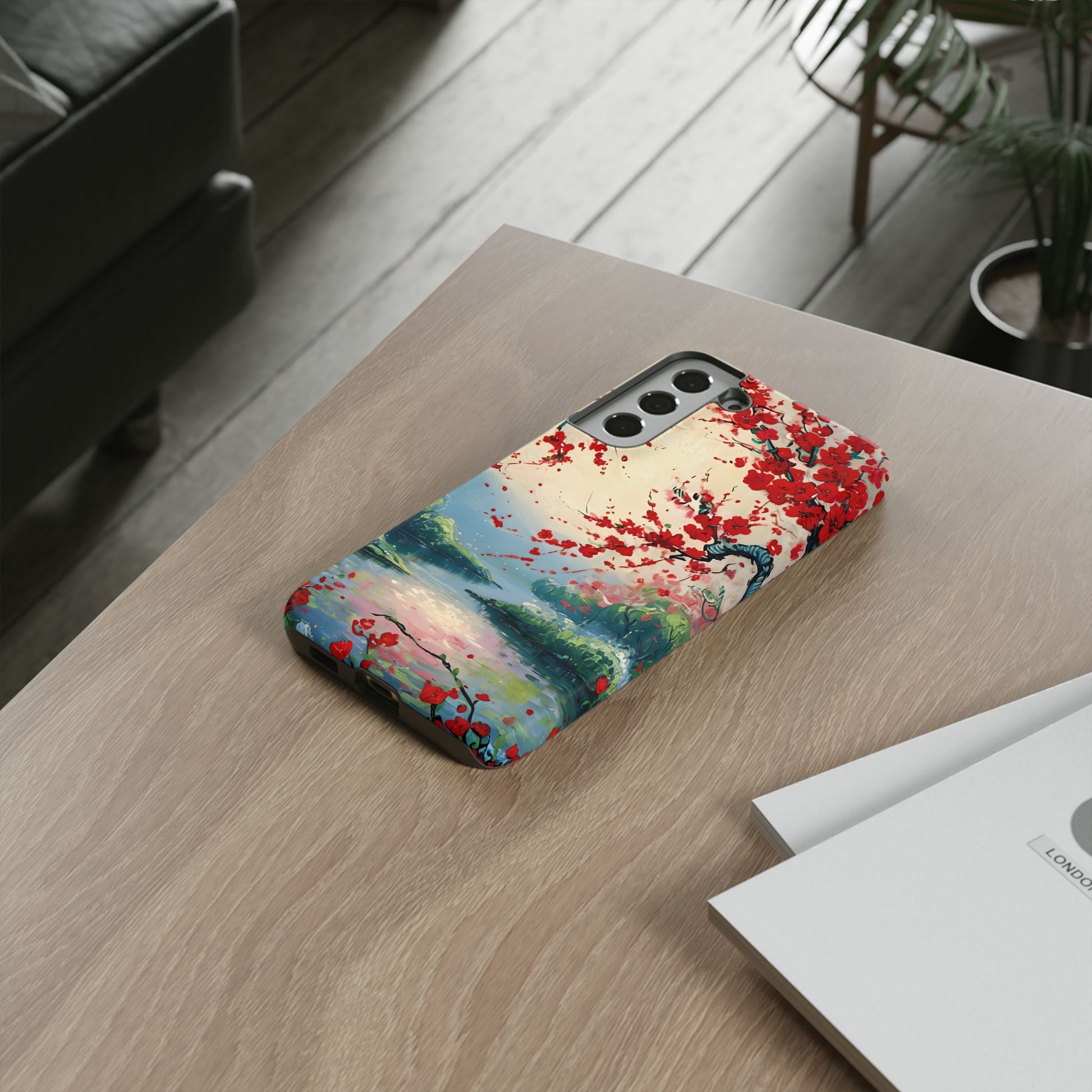 Crimson Blossom Lake - Artistic Floral Landscape Samsung Galaxy S22 Plus Tough Phone Case - Red Cherry Blossoms & Serene Lake Design