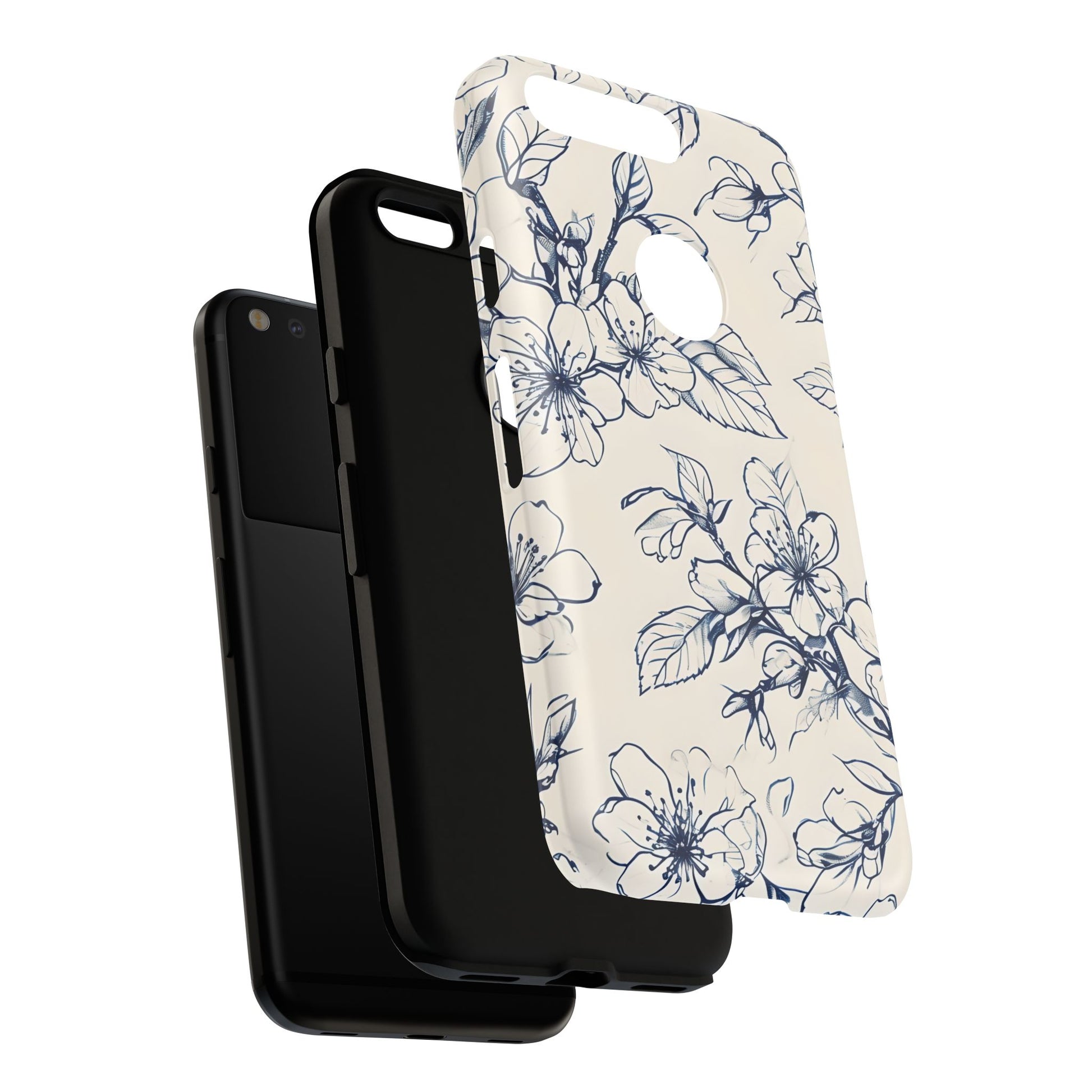 Blossom Sketch - Artistic Blue Floral Google Pixel - Tough Phone Case - Hand-Drawn Botanical Design