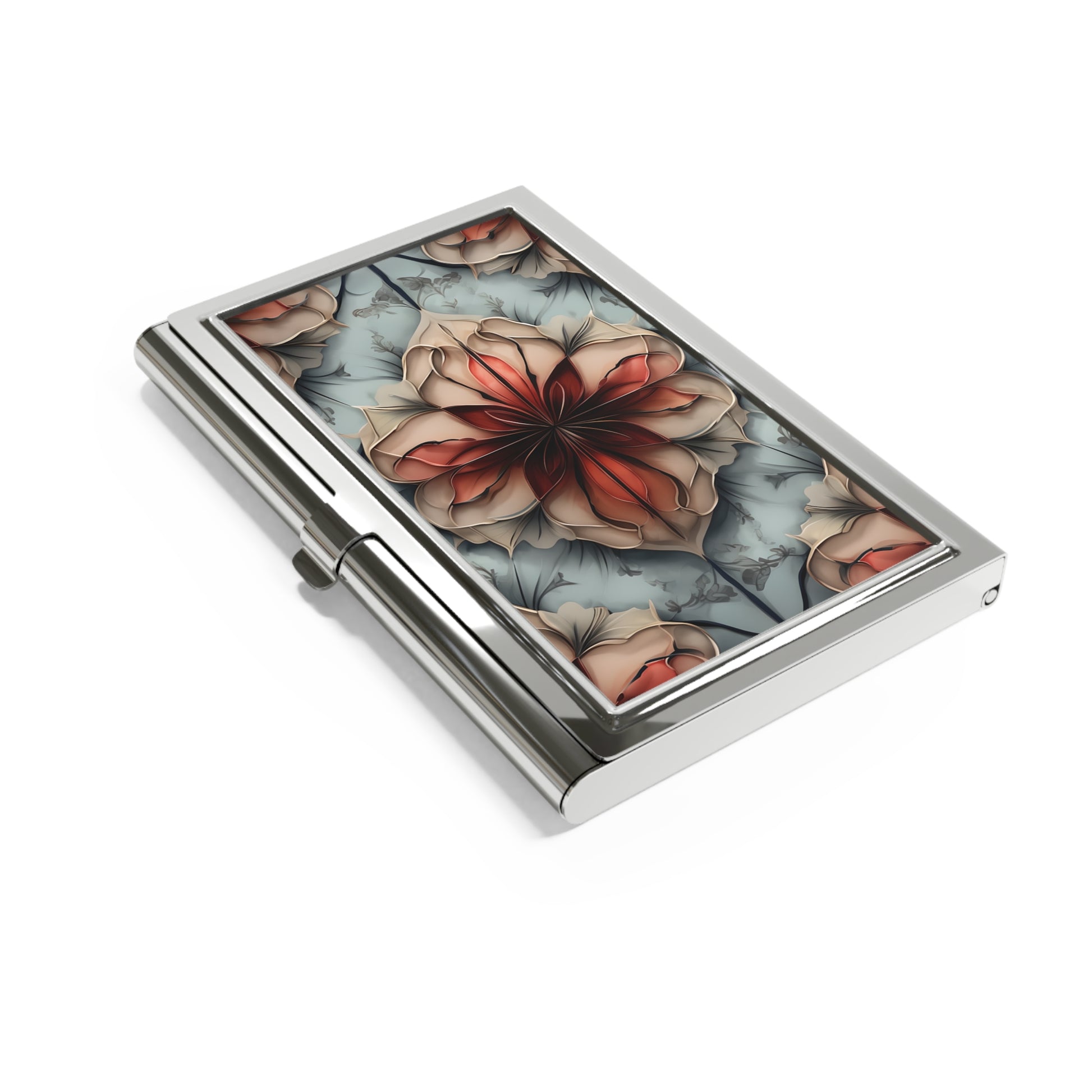 Ember Bloom red floral geometric design business card holder closed angled view