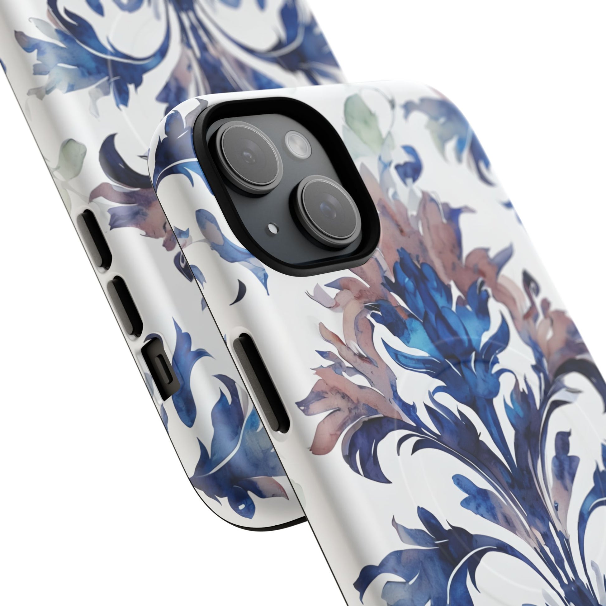 Delft Reverie - Elegant Blue & White iPhone 15 Plus MagSafe Phone Case - Dutch Delftware-Inspired Floral Design
