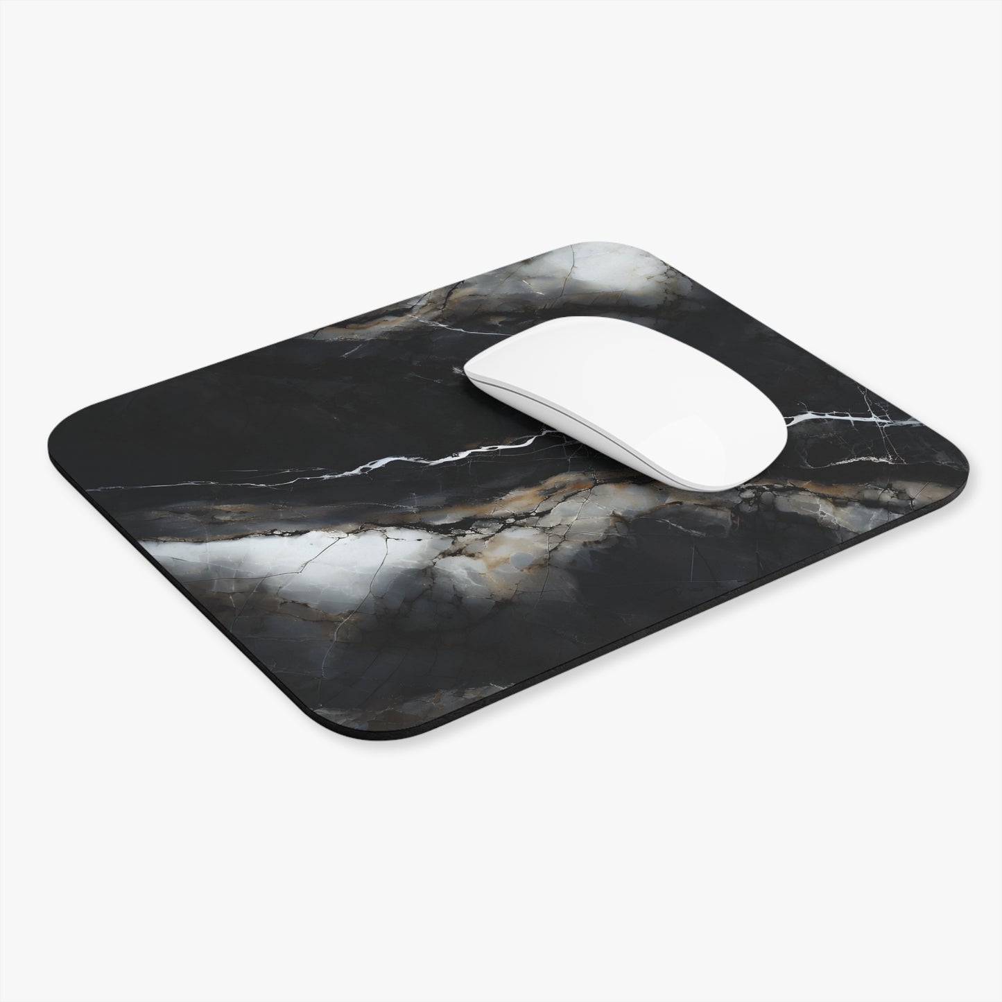 Obsidian Vein mouse pad in workspace with mouse showing dramatic marble-style artwork
