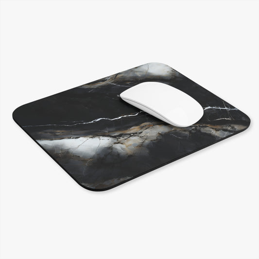Obsidian Vein mouse pad in workspace with mouse showing dramatic marble-style artwork