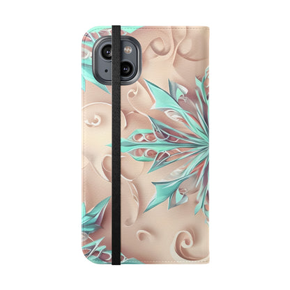 Frosted Petals iPhone Wallet Case - Soft Floral Kaleidoscope Design in Blush & Aqua
