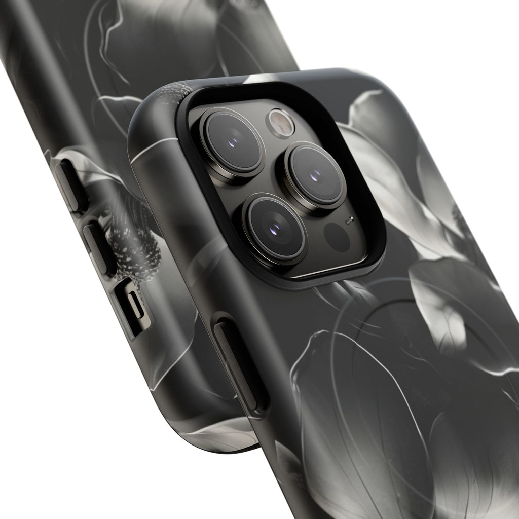 Monochrome Magnolia - Elegant Black & White Floral iPhone 14 Pro MagSafe Phone Case - Artistic Magnolia Design