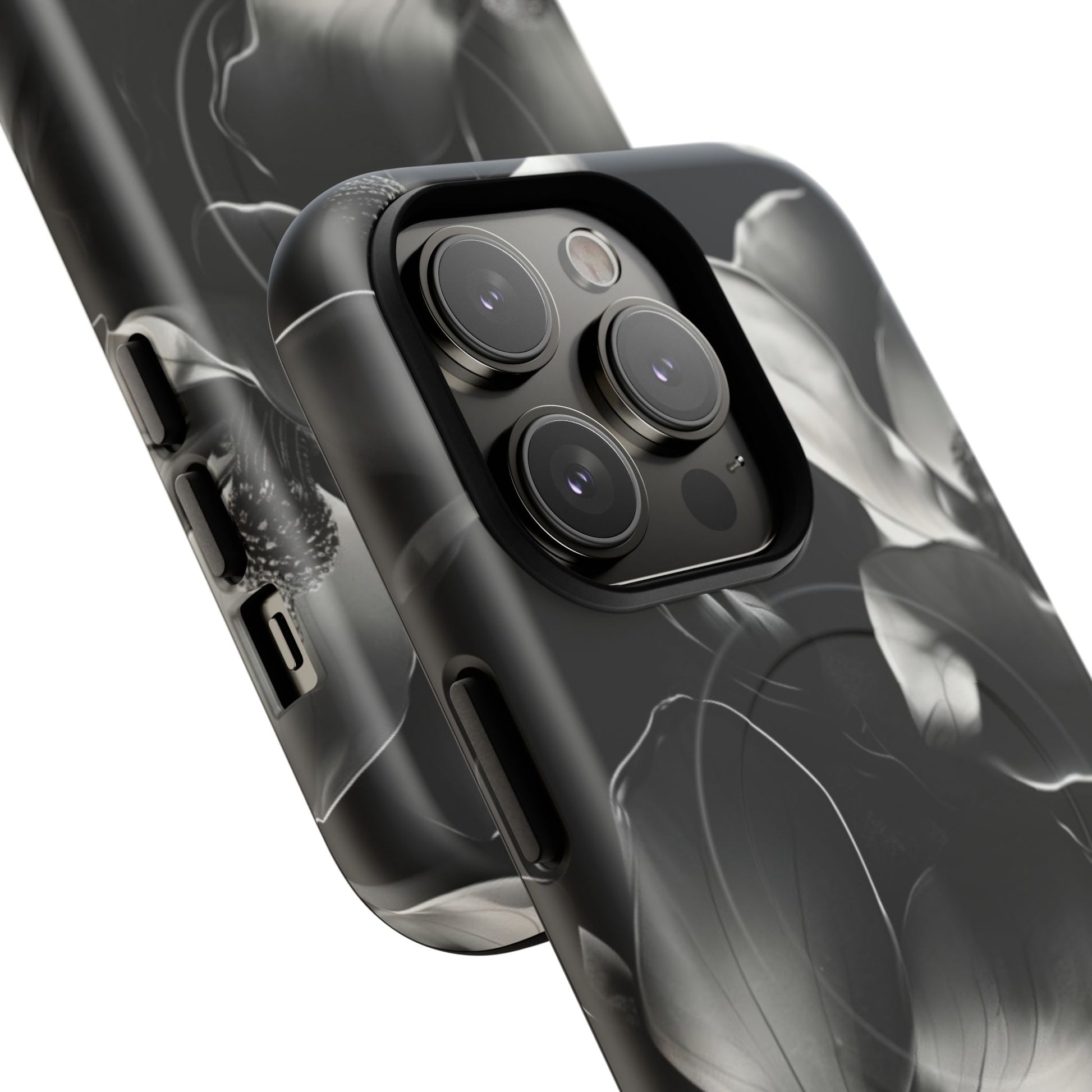 Monochrome Magnolia - Elegant Black & White Floral iPhone 14 Pro MagSafe Phone Case - Artistic Magnolia Design