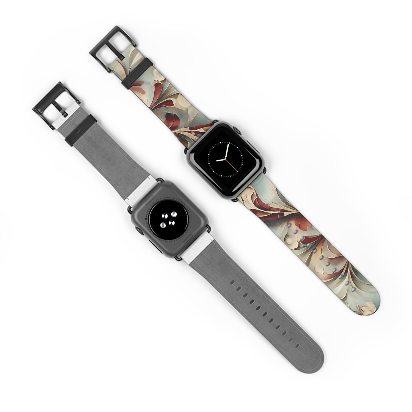 Vintage Baroque Blossom Apple Watch bands shown on two watches front and back highlighting ornate floral baroque artwork