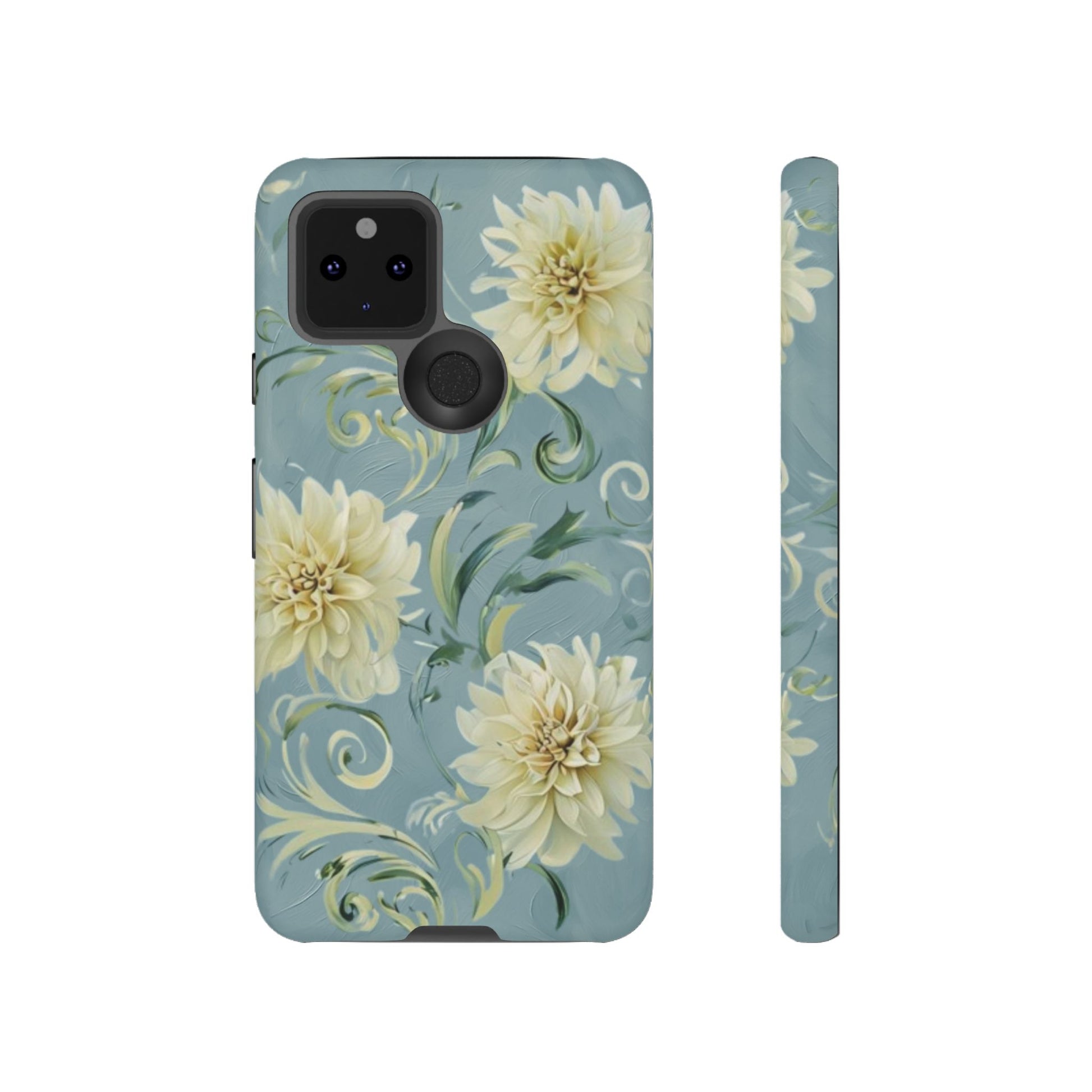 Golden Dahlia Trio - Elegant Floral Google Pixel 5 5G Tough Phone Case - Artistic White & Blue Dahlia Design