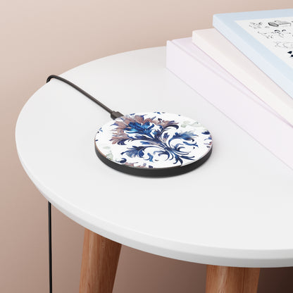 Delft Reverie blue Delft style floral art Qi wireless charger on bedside table with books