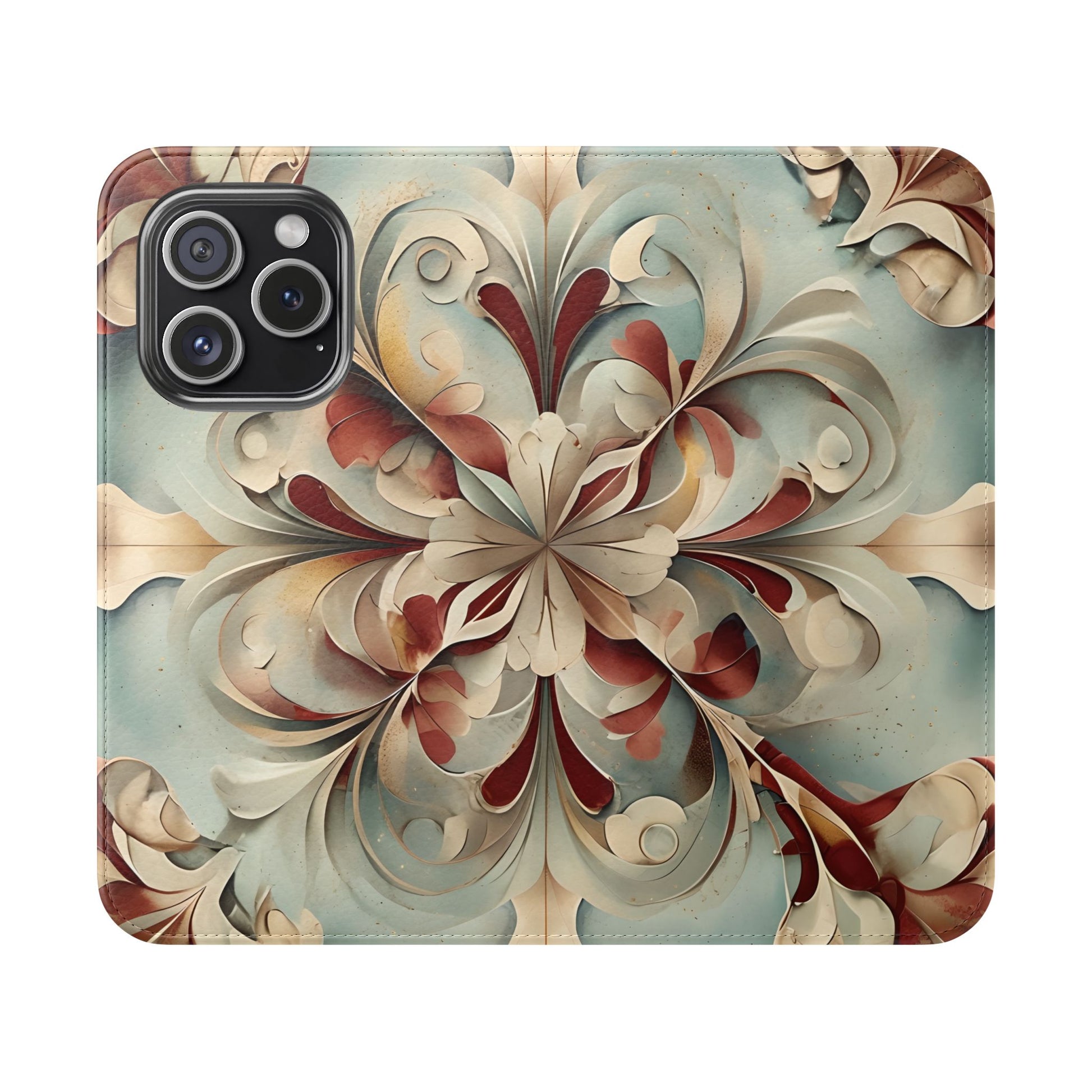 Vintage Baroque Blossom Wallet Phone Case - Elegant Floral Flip Cover for iPhone 15 Pro
