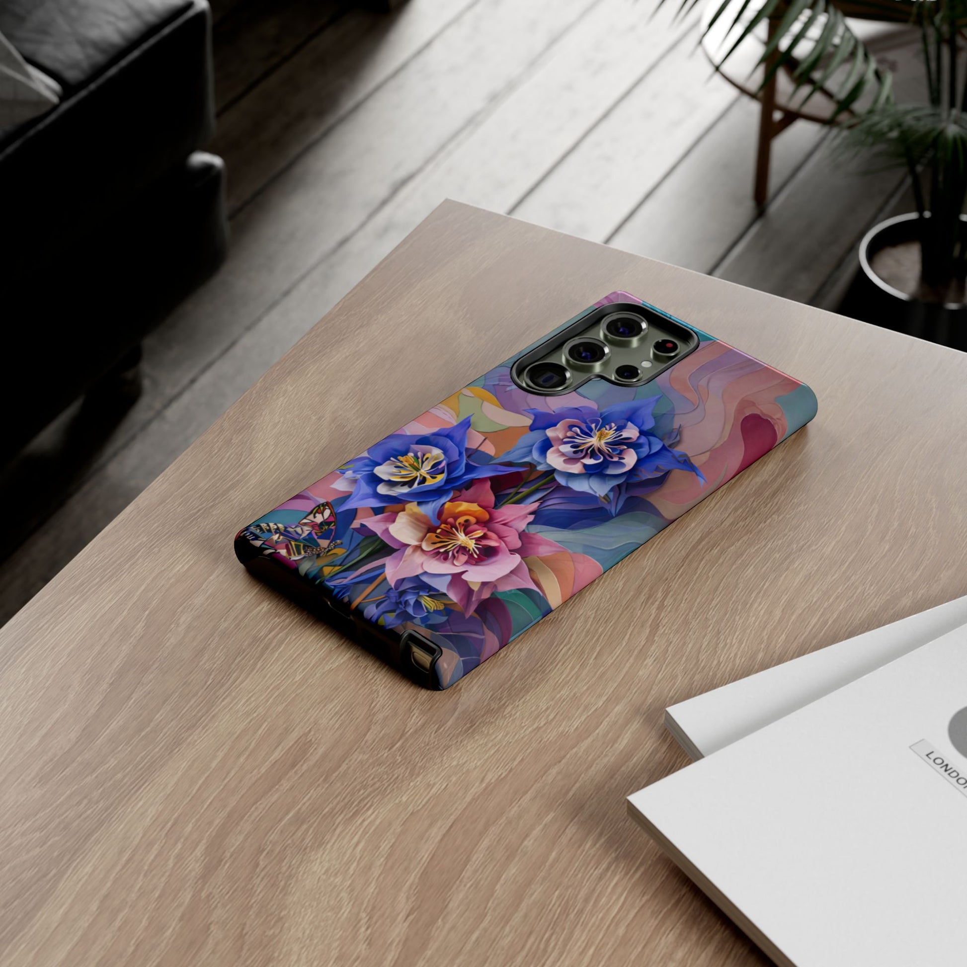 Blue Columbine Carnivale colorful columbine and butterfly Samsung Galaxy phone case lifestyle desk scene