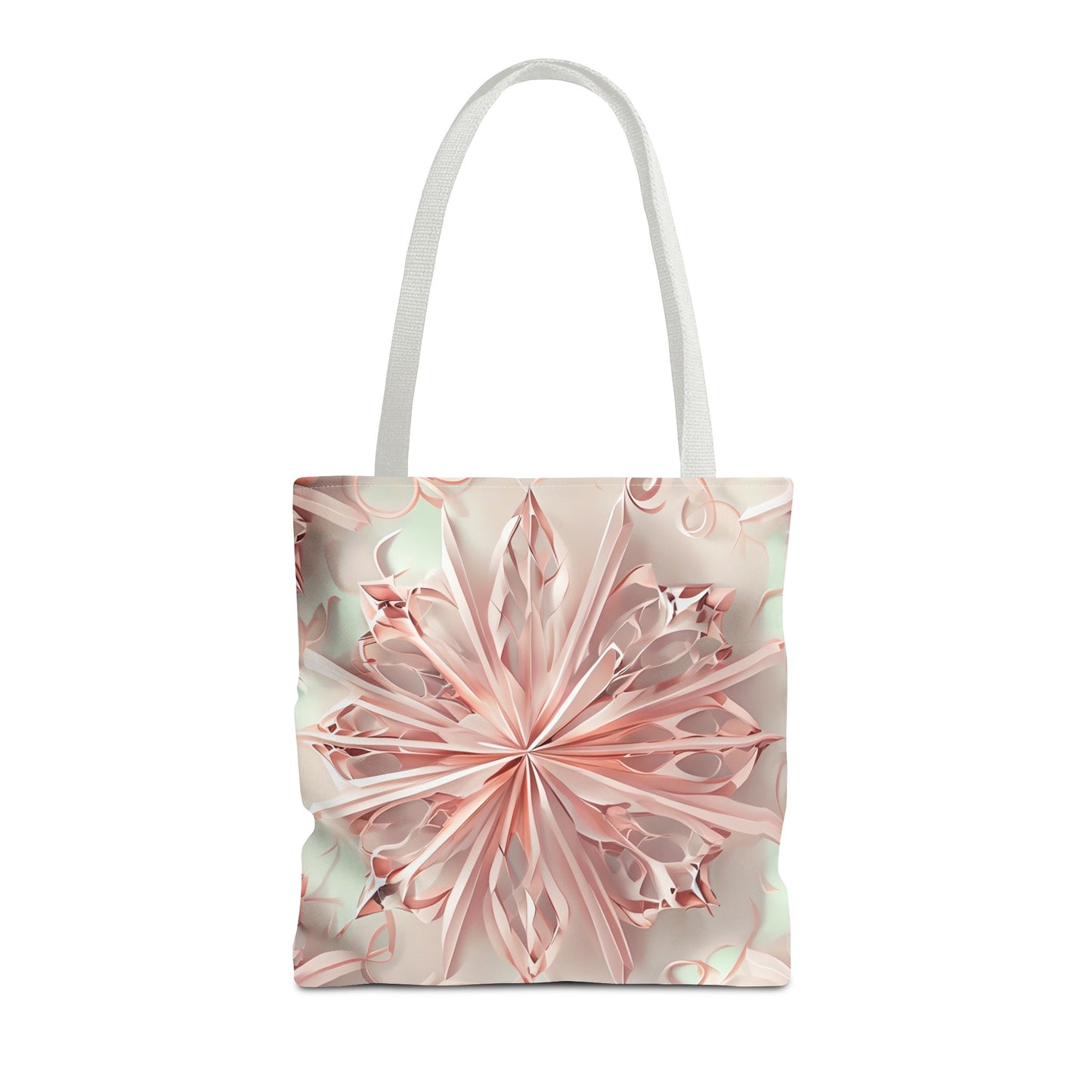 Blush Frost Tote Bag (16x16 & 18x18)- Soft Pink Kaleidoscope Floral with White Handles, Durable & Eco-Friendly Canvas