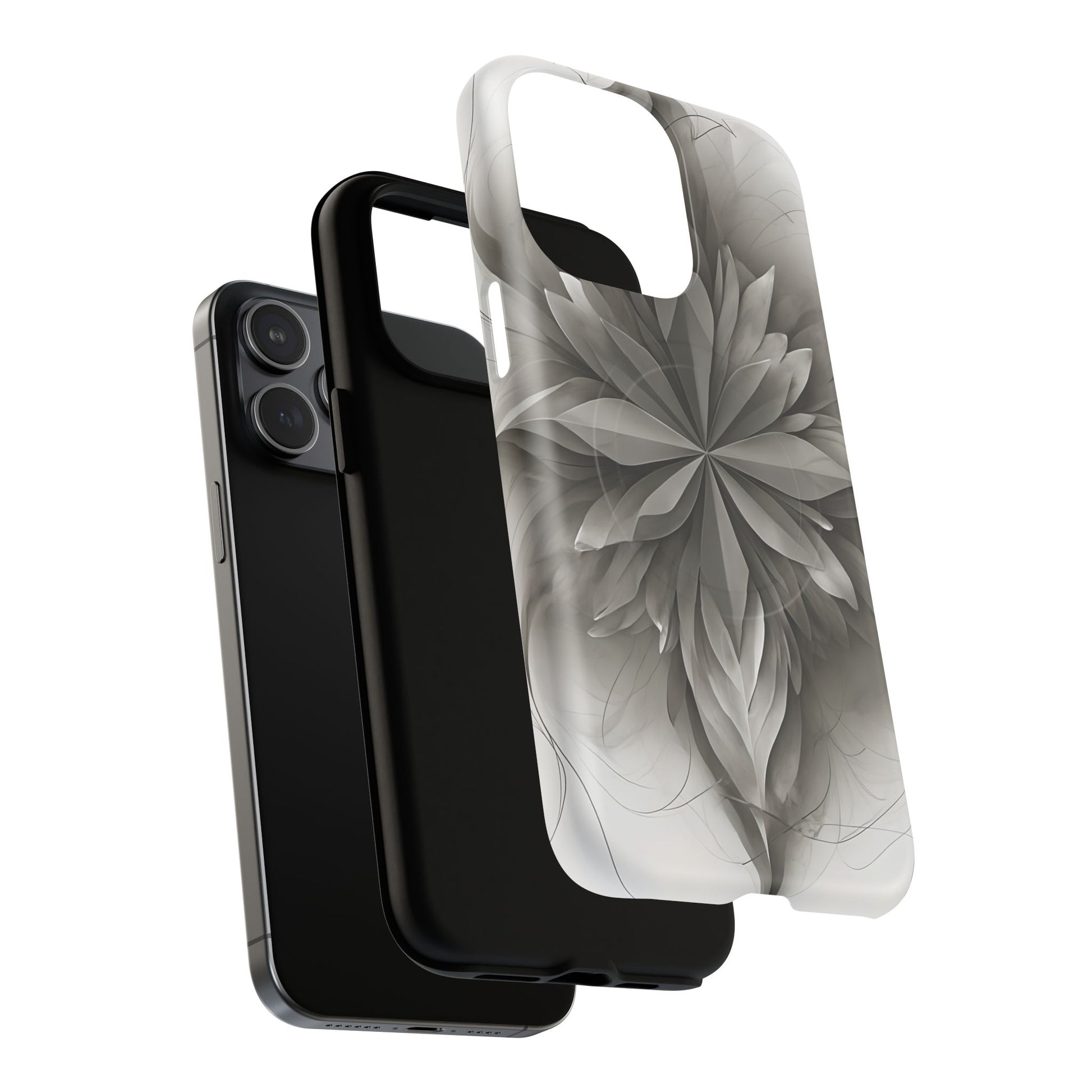 Silver Lotus - Elegant Monochrome Floral iPhone 15 Pro Max MagSafe Phone Case - Modern Lotus Design