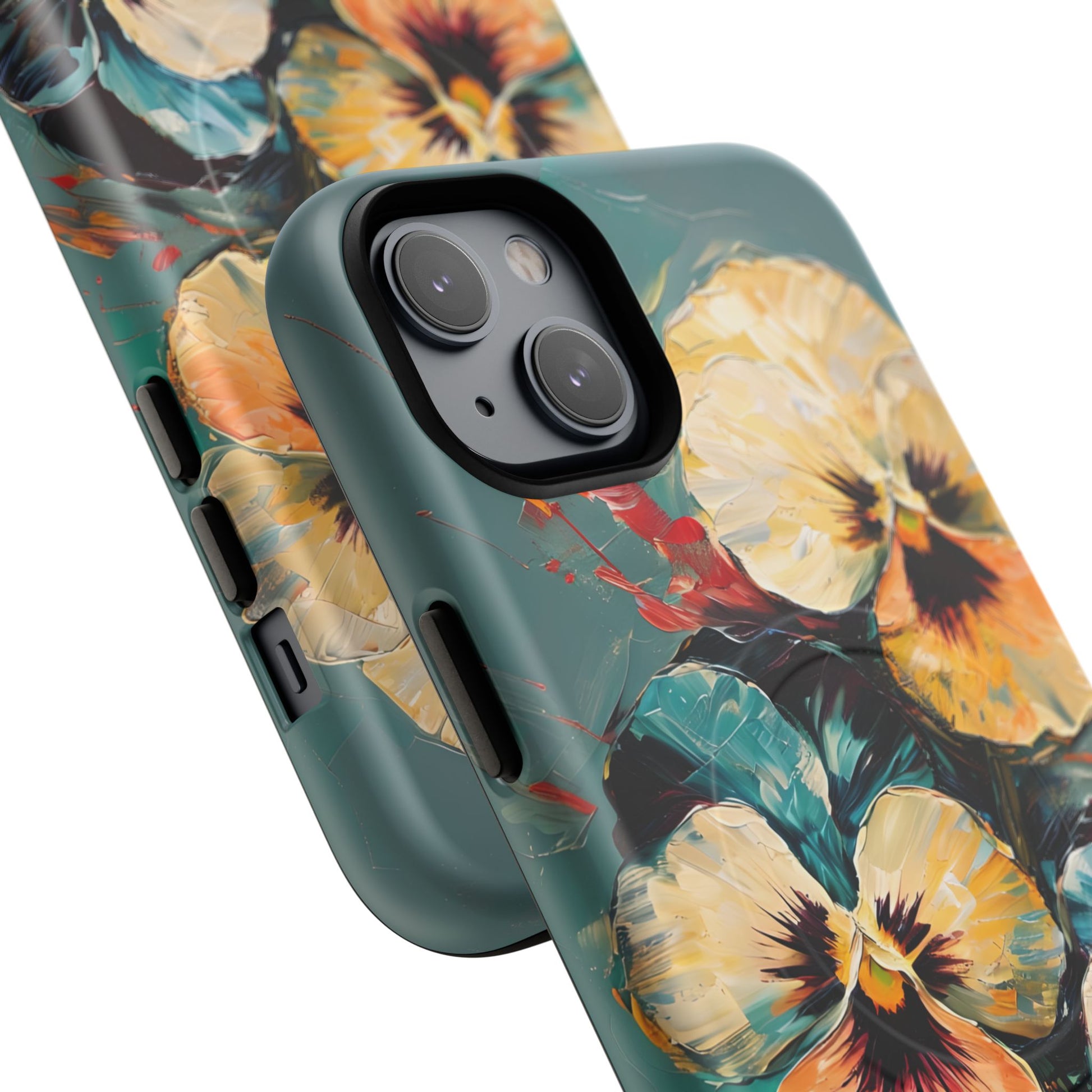 Golden Pansy Cascade - Elegant Floral iPhone 14 Plus MagSafe Case with Deep Teal Background