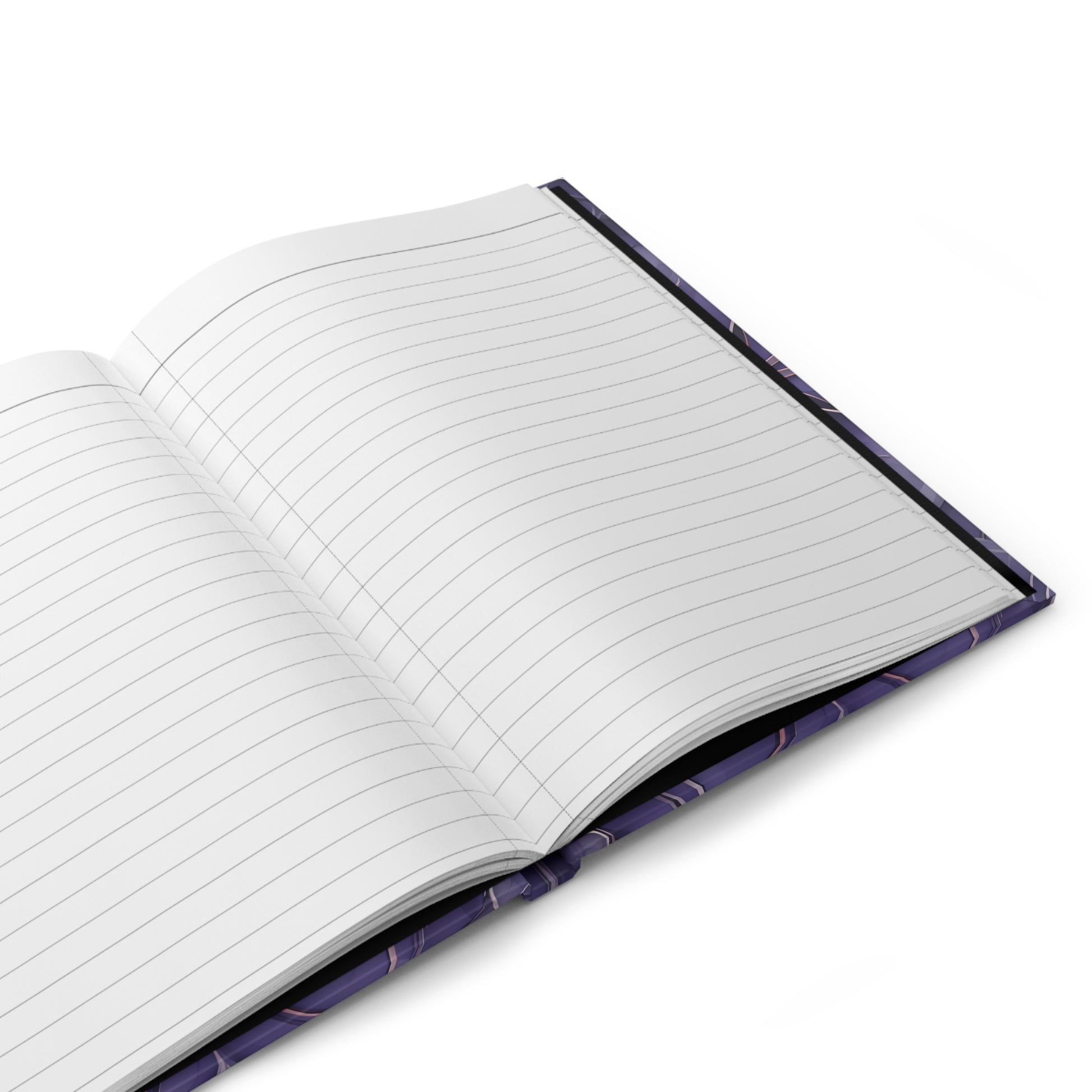 Open hardcover journal showing lined writing pages inside Violet Nebula notebook