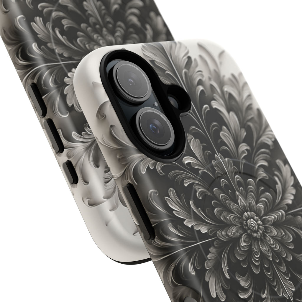 Obsidian Bloom - Elegant Black & White iPhone 16 MagSafe Phone Case - Intricate Mandala Flower Design
