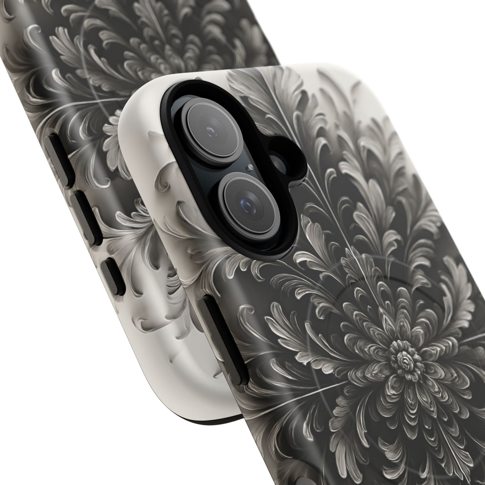 Obsidian Bloom - Elegant Black & White iPhone 16 MagSafe Phone Case - Intricate Mandala Flower Design