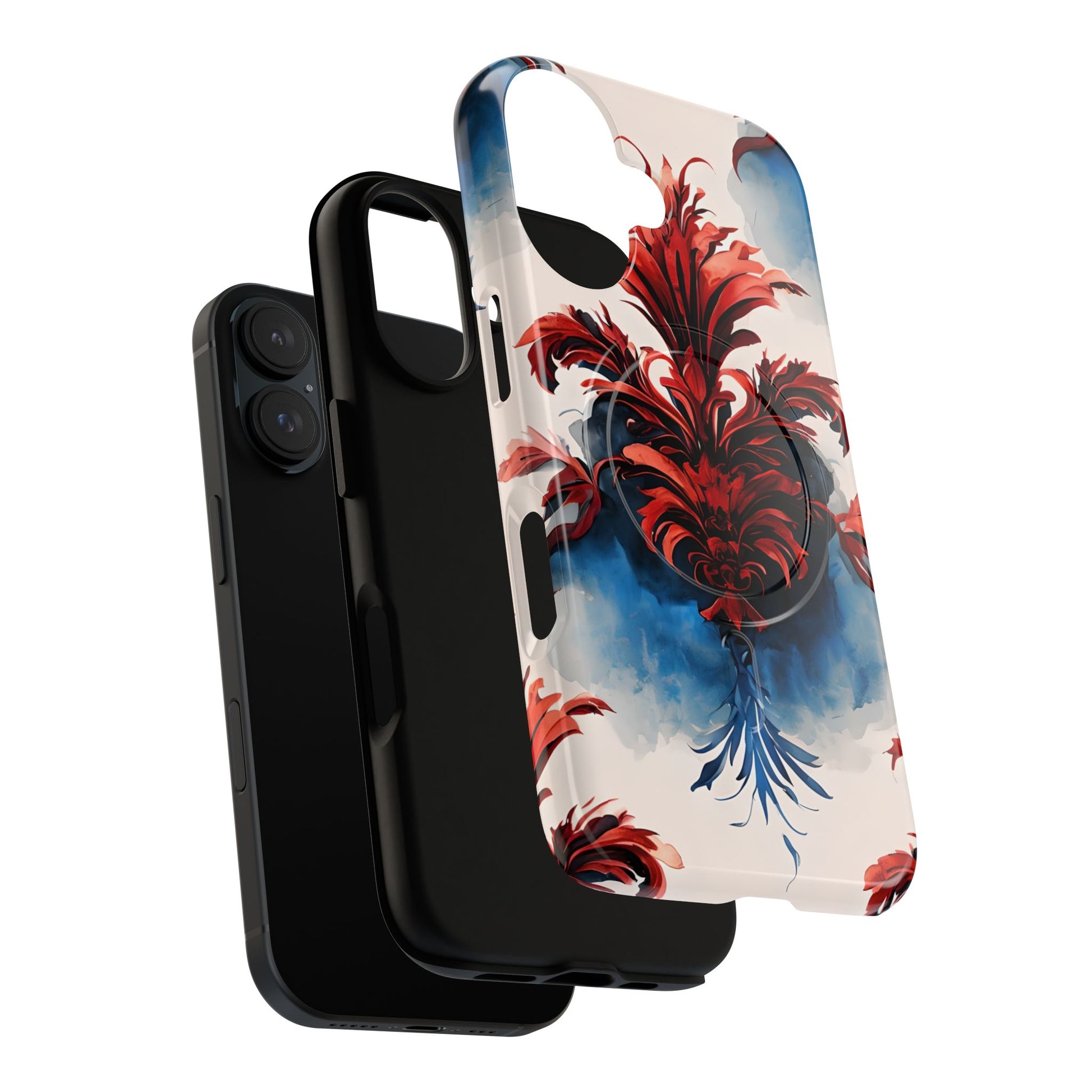 Crimson Plume - Bold Artistic Feather iPhone 16 MagSafe Phone Case - Dramatic Red & Blue Design