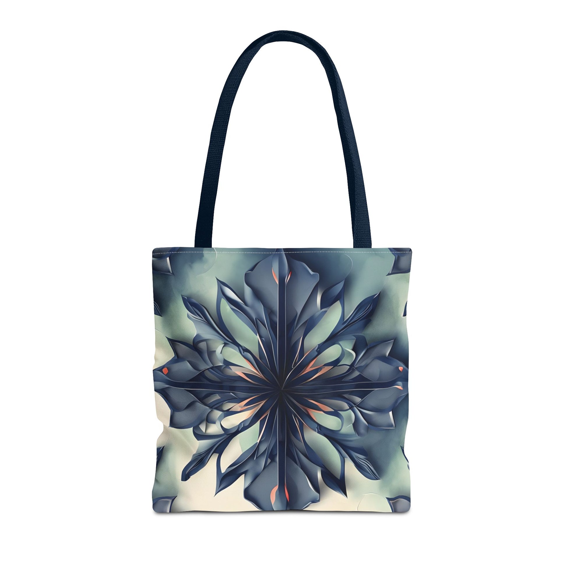 Frosted Indigo Bloom canvas tote bag featuring icy blue floral bloom design with navy handles