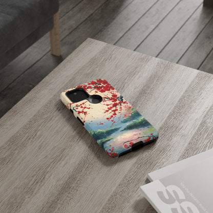 Crimson Blossom Lake - Artistic Floral Landscape Google Pixel 6 Tough Phone Case - Red Cherry Blossoms & Serene Lake Design