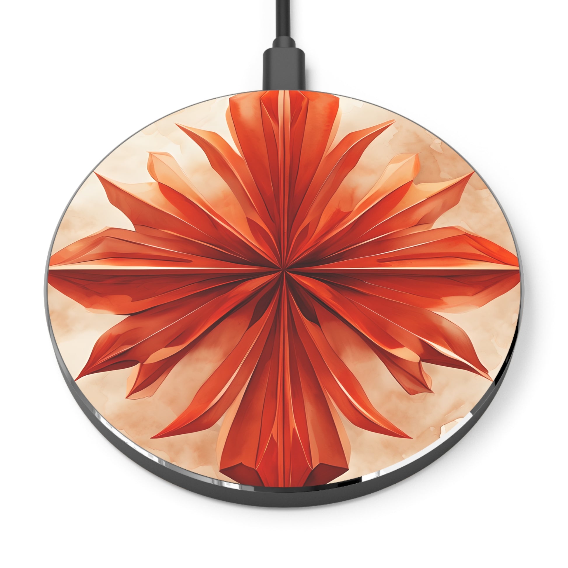 Sunset Fleur orange floral mandala decorative Qi wireless charger with sunset petal design