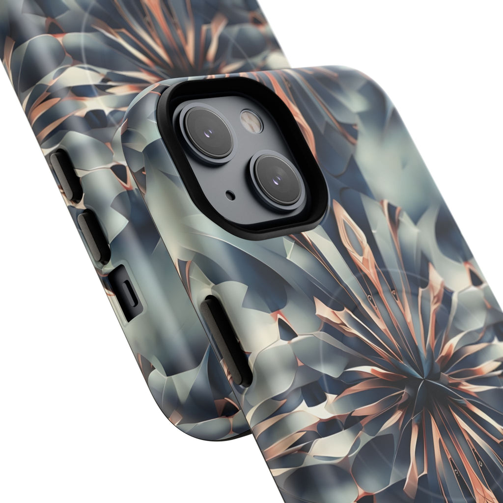 Obsidian Kaleidoscope Artistic Floral Burst - iPhone 14 MagSafe Phone Case -Blue, Peach and Silver Symmetrical Design