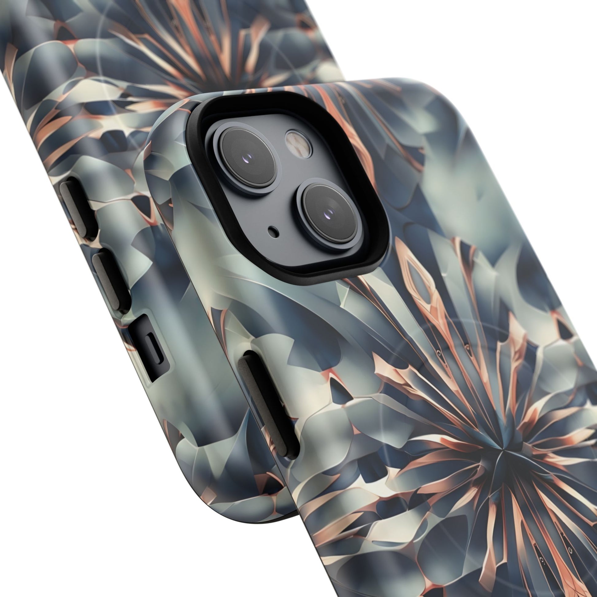 Obsidian Kaleidoscope Artistic Floral Burst - iPhone 14 MagSafe Phone Case -Blue, Peach and Silver Symmetrical Design