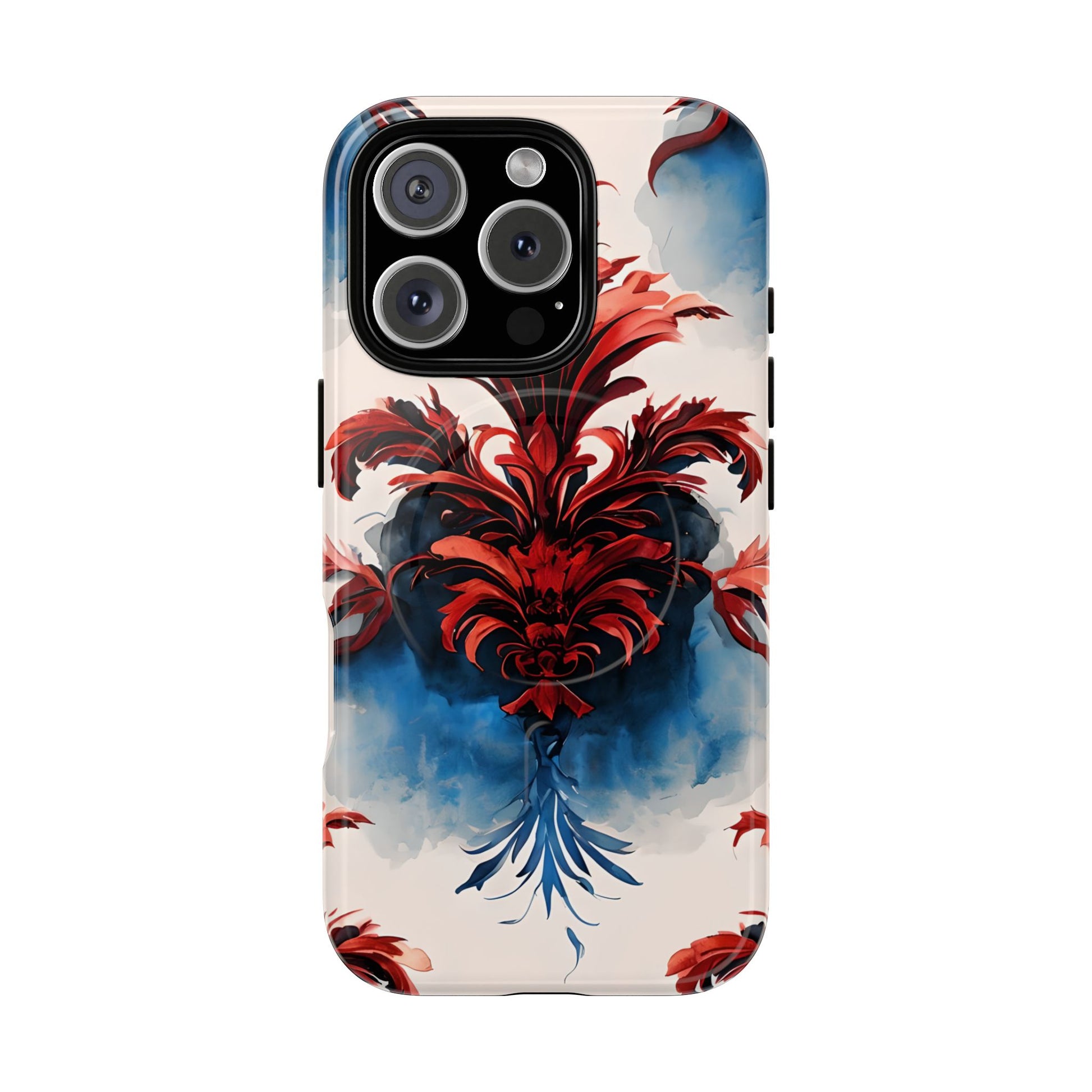 Crimson Plume - Bold Artistic Feather iPhone 16 Pro MagSafe Phone Case - Dramatic Red & Blue Design