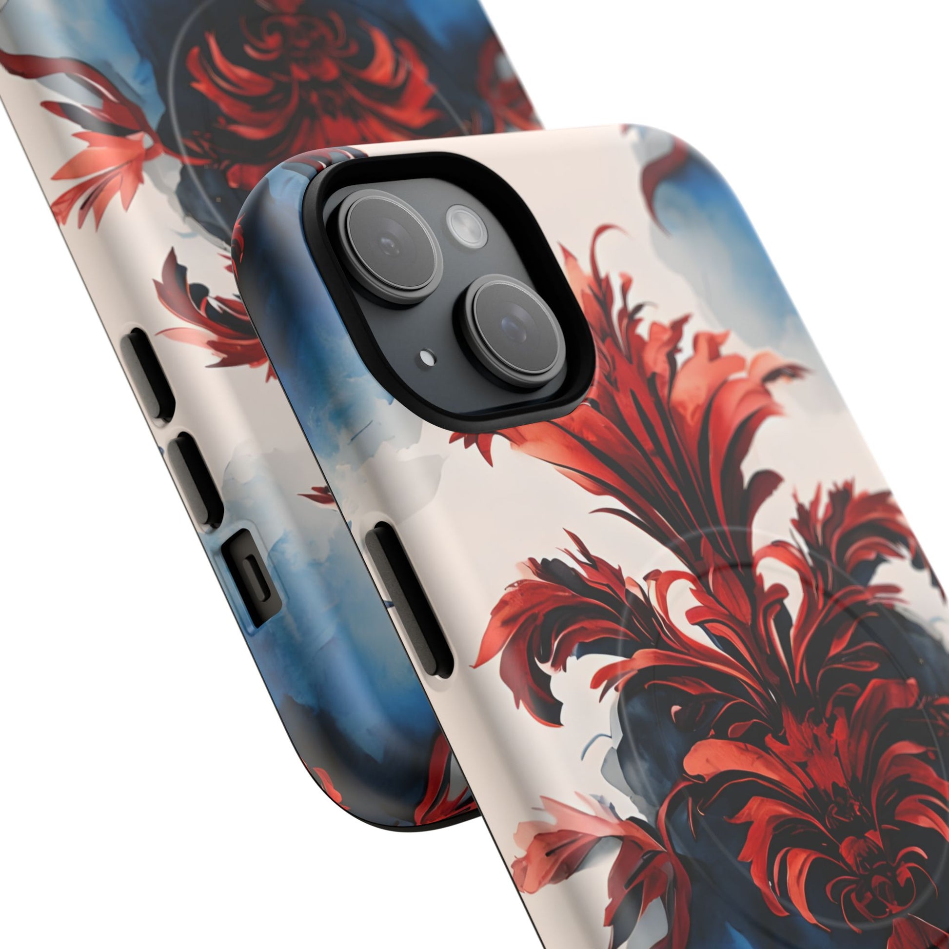Crimson Plume - Bold Artistic Feather iPhone 15 Plus MagSafe Phone Case - Dramatic Red & Blue Design