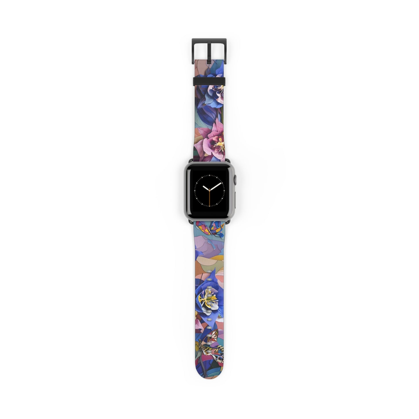 Blue Columbine Carnivale Apple Watch band with watch face featuring vibrant blue columbine flowers with colorful botanical artwork