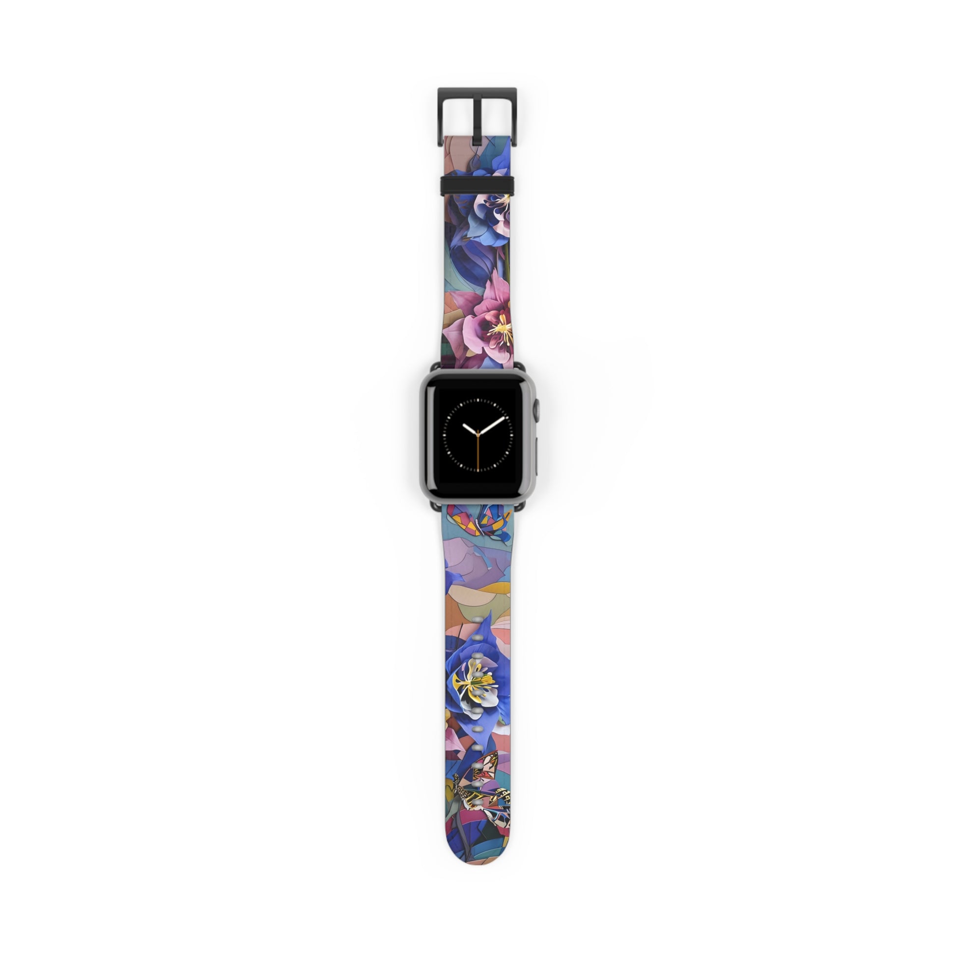 Blue Columbine Carnivale Apple Watch band with watch face featuring vibrant blue columbine flowers with colorful botanical artwork