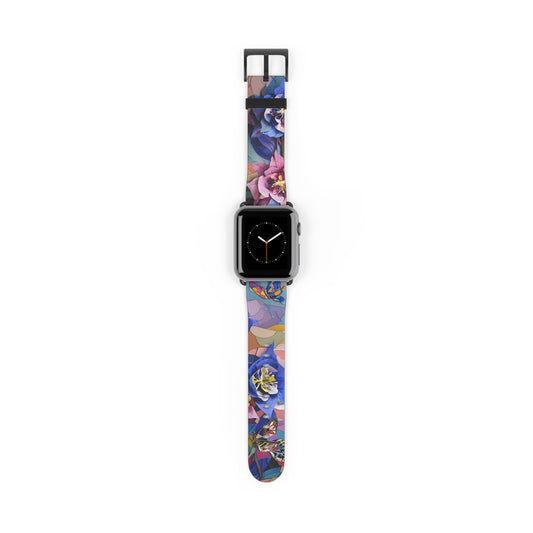 Blue Columbine Carnivale Apple Watch band with watch face featuring vibrant blue columbine flowers with colorful botanical artwork