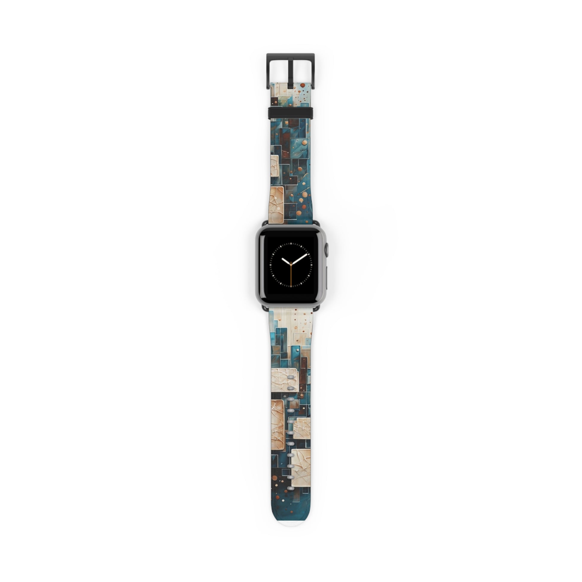 Architectural Drift Apple Watch band featuring geometric architectural tile artwork in teal, bronze, and ivory tones
