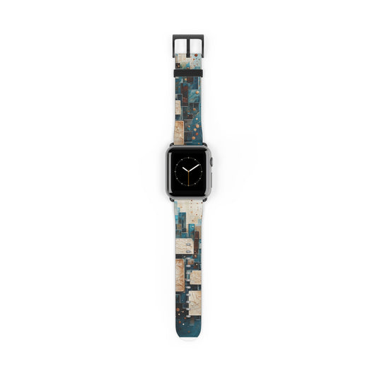 Architectural Drift Apple Watch band featuring geometric architectural tile artwork in teal, bronze, and ivory tones
