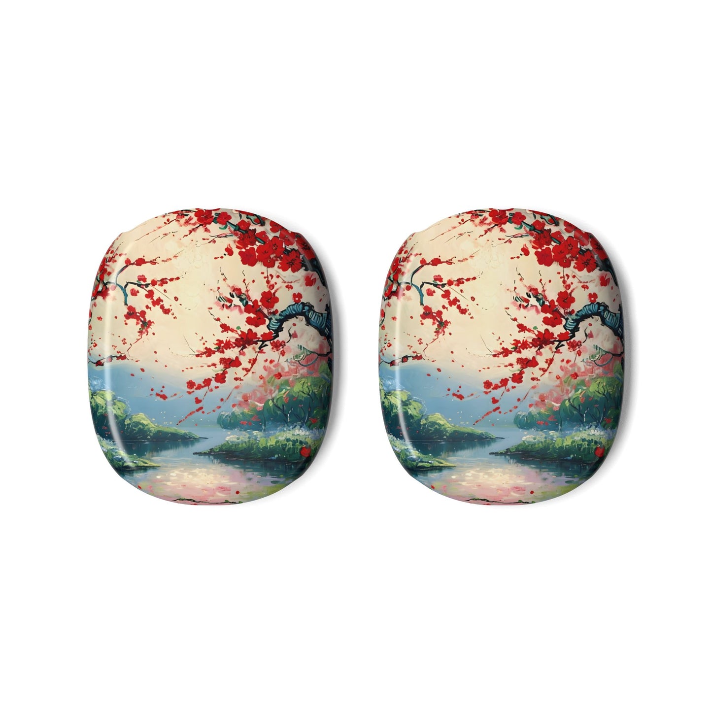 Crimson Blossom Lake AirPods Max ear cup covers with red blossoms framing a soft teal lake landscape, flat product view