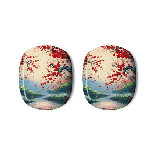 Crimson Blossom Lake AirPods Max ear cup covers with red blossoms framing a soft teal lake landscape, flat product view