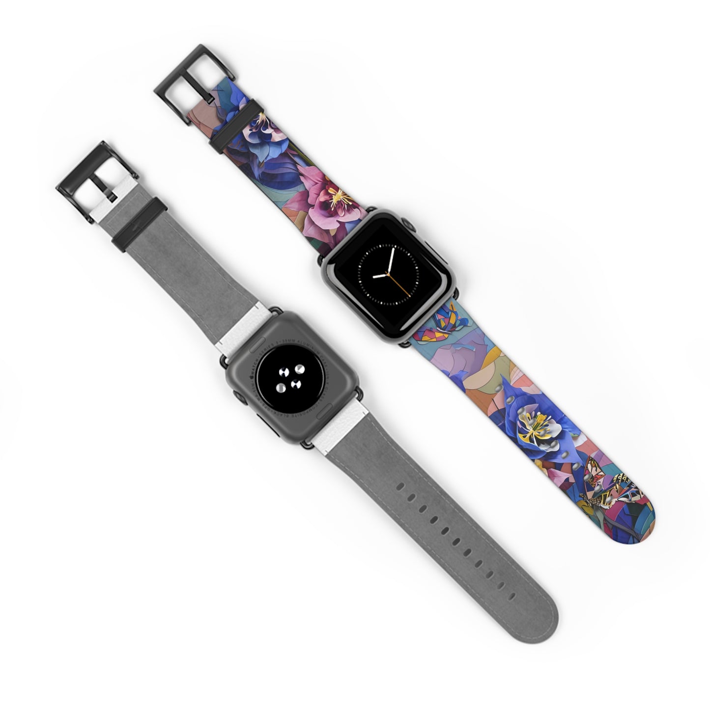 Blue Columbine Carnivale Apple Watch bands shown on two watches front and back highlighting vibrant columbine floral artwork