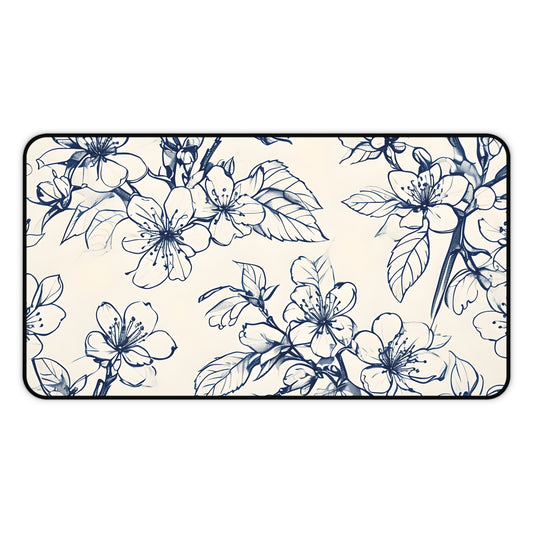 Blossom Sketch Designer Desk Mat - Premium Office Desk Pad, 3 Sizes Available, Blue Floral Botanical Workspace Protection